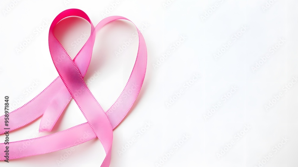 A pink ribbon, a symbol of breast cancer awareness, is tied in a loop on a white background. A pink ribbon, a symbol of breast cancer awareness, is tied in a loop on a white background.
