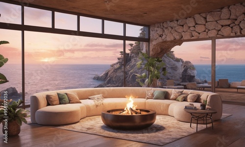 A living room with a fireplace generative AI illustration