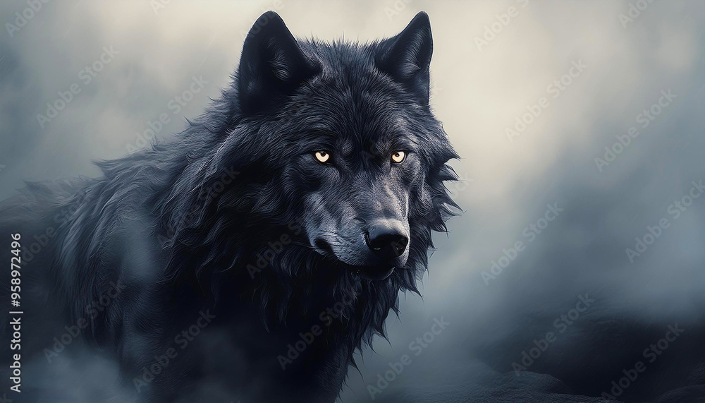 Black Wolf in the Fog, Hyper Realistic. Black Wolf in the Fog, Hyper Realistic.