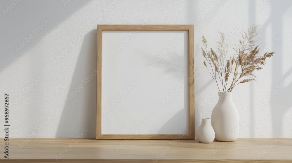 Serene Decor: A Minimalist Wooden Frame With Stylish Vases and Dried Grasses Capturing Contemporary Aesthetics in Interior Design Serene Decor: A Minimalist Wooden Frame With Stylish Vases and Dried Grasses Capturing Contemporary Aesthetics in Interior Design