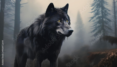 Black Wolf in the Fog, Hyper Realistic. photo