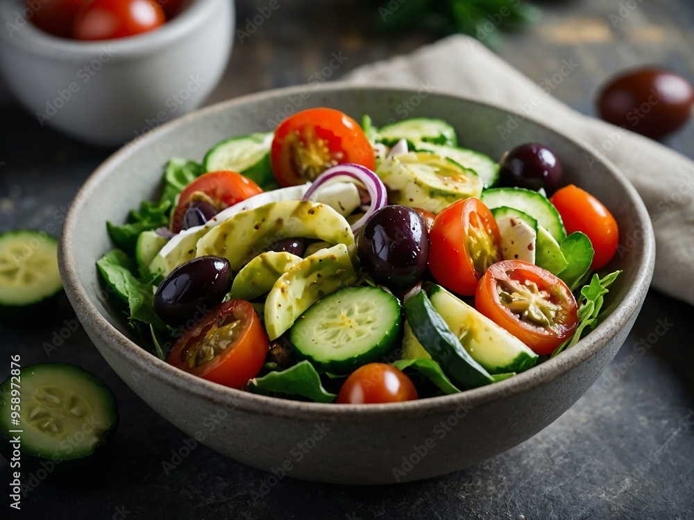 Mediterranean salad with olives, tomatoes, and cucumbers. Space for adding text. Mediterranean salad with olives, tomatoes, and cucumbers. Space for adding text.