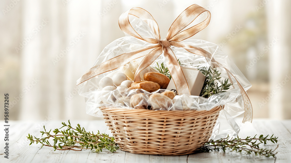 Elegant gift basket with gourmet treats and natural herbs Elegant gift basket with gourmet treats and natural herbs