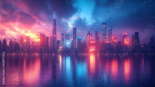 Futuristic city skyline glowing neon lights