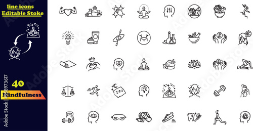 Mindfulness and Yoga Icon Set with Editable Strokes. Includes icons representing relaxation, inner peace, self-awareness, tranquility, focused concentration, and spiritual practices. This set features