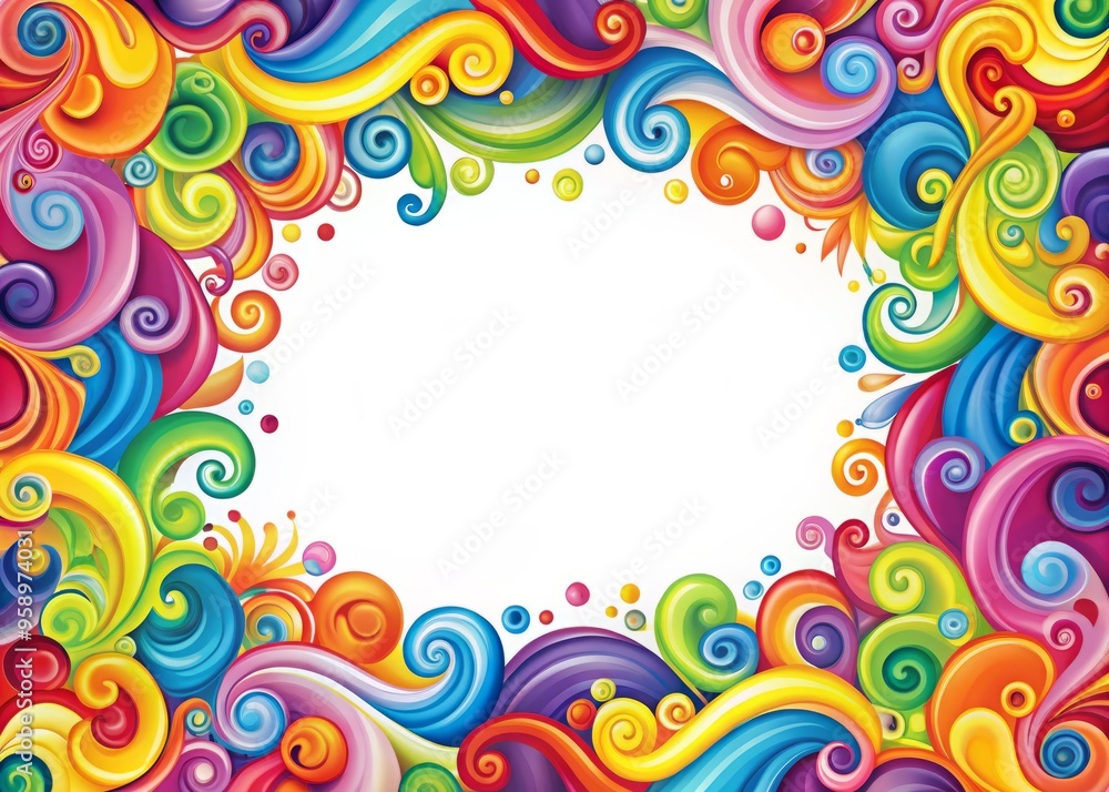Vibrant, multi-colored abstract shapes and curly swirls form a dynamic border, perfect for framing flyers, posters, and
