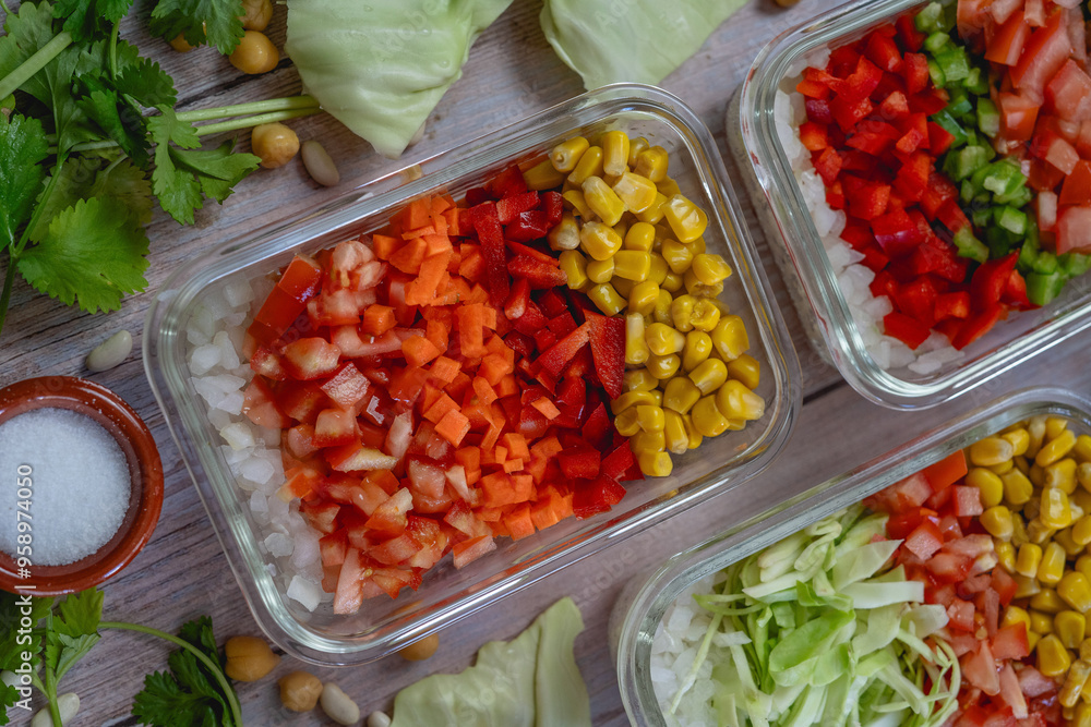 different vegetables cut in a bowl. Colorful shades. cabbage, peppers, onion, corn, tomato, pickle. different vegetables cut in a bowl. Colorful shades. cabbage, peppers, onion, corn, tomato, pickle.