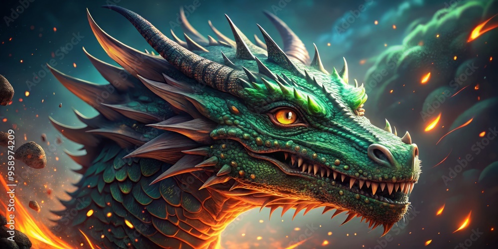 Vibrant, scaled dragon face with piercing green eyes, sharp teeth, and fiery breath, set against a dark, misty Vibrant, scaled dragon face with piercing green eyes, sharp teeth, and fiery breath, set against a dark, misty