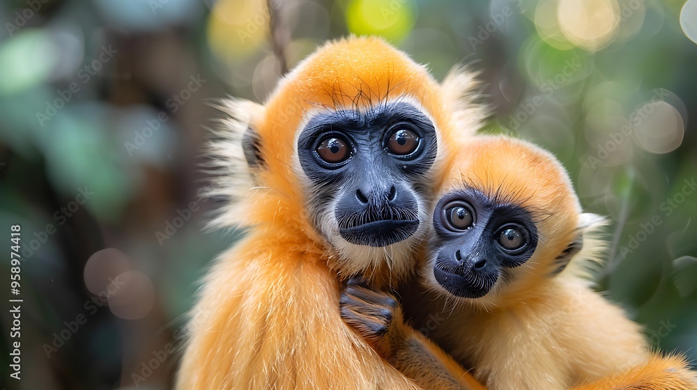 Fototapeta premium Two Golden Langur monkeys, one holding the other close, looking directly at the camera.