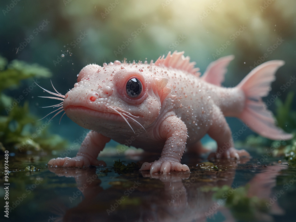 A highly detailed, close-up shot of an adorable axolotl with soft pastel hues, its delicate gills and tiny limbs highlighted against a dreamy, blurred background, creating a gentle, calming aesthetic A highly detailed, close-up shot of an adorable axolotl with soft pastel hues, its delicate gills and tiny limbs highlighted against a dreamy, blurred background, creating a gentle, calming aesthetic