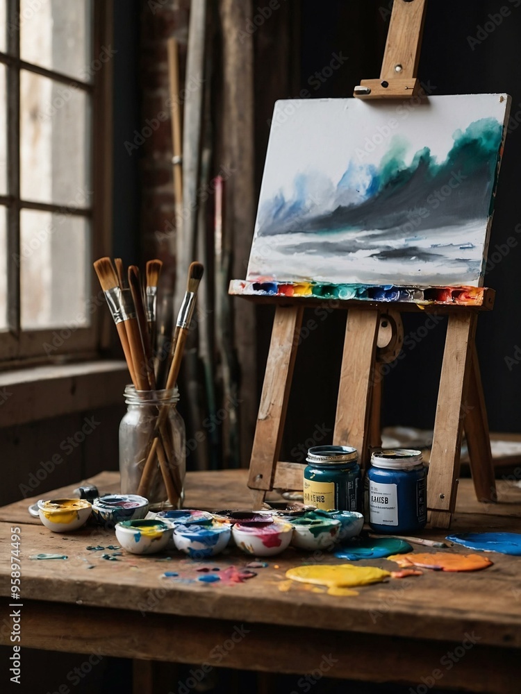 Paint Tubes and Easel on a Table Ready for Artwork Paint Tubes and Easel on a Table Ready for Artwork