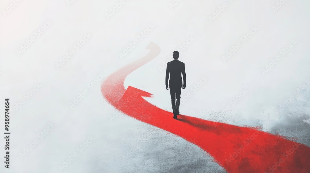 Career growth and road to success concept with businessman perspective view walking on red arrow on abstract light grey background Career growth and road to success concept with businessman perspective view walking on red arrow on abstract light grey background