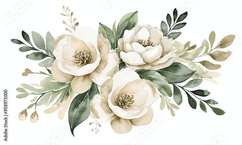 White flowers bouquet with green leaves generative AI illustration