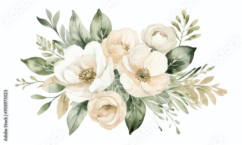 White flowers bouquet with green leaves generative AI illustration