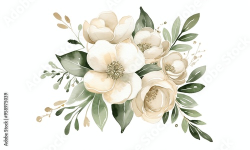 White flowers bouquet with green leaves generative AI illustration
