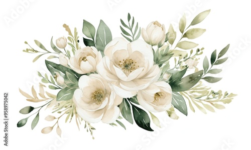 White flowers bouquet with green leaves generative AI illustration