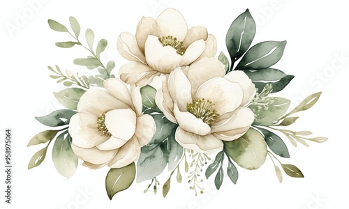 White flowers bouquet with green leaves generative AI illustration