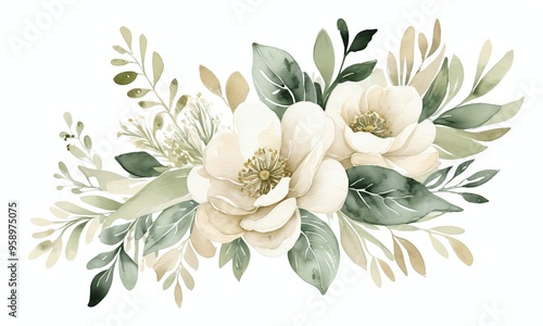 White flowers bouquet with green leaves generative AI illustration