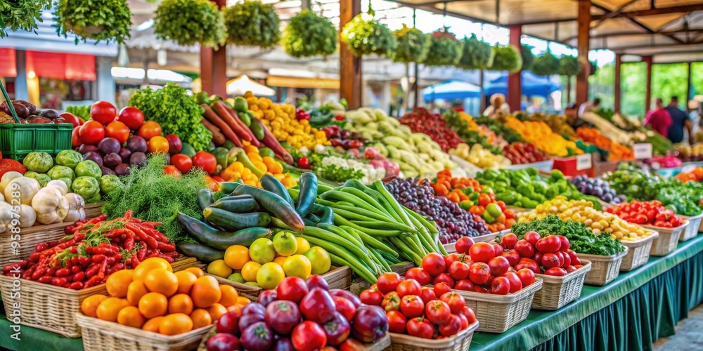 A Bountiful Harvest Colorful Produce in Baskets at a Farmers Market, farm fresh, healthy eating, local produce A Bountiful Harvest Colorful Produce in Baskets at a Farmers Market, farm fresh, healthy eating, local produce