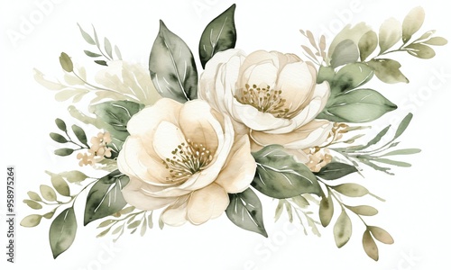 White flowers bouquet with green leaves generative AI illustration
