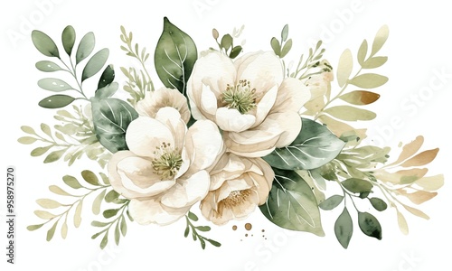 White flowers bouquet with green leaves generative AI illustration