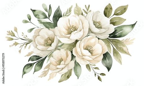 White flowers bouquet with green leaves generative AI illustration