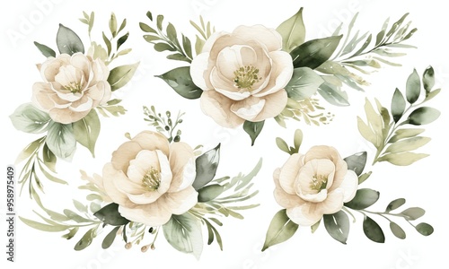 White flowers bouquet with green leaves generative AI illustration