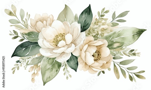 White flowers bouquet with green leaves generative AI illustration