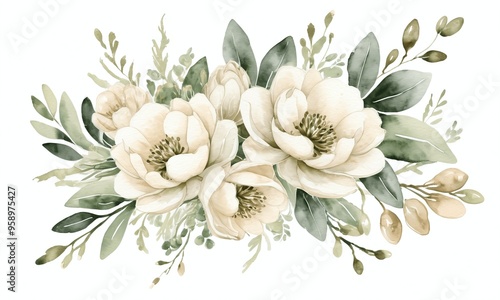 White flowers bouquet with green leaves generative AI illustration