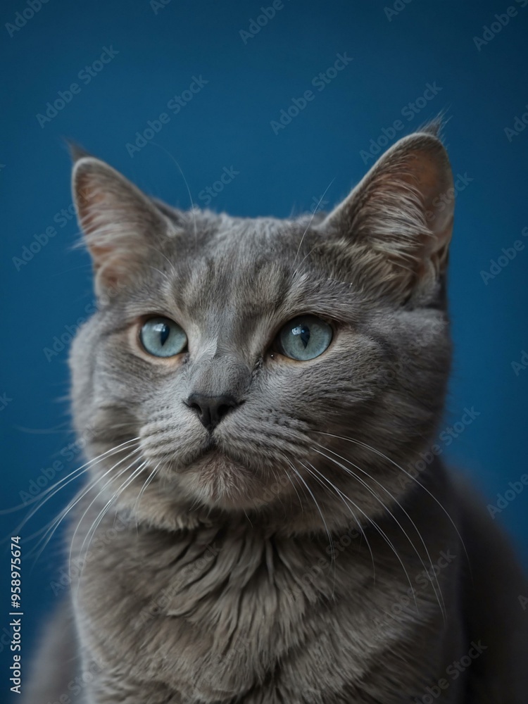 Playful portrait of a gray cat against a blue background, featuring space for text or design. Playful portrait of a gray cat against a blue background, featuring space for text or design.