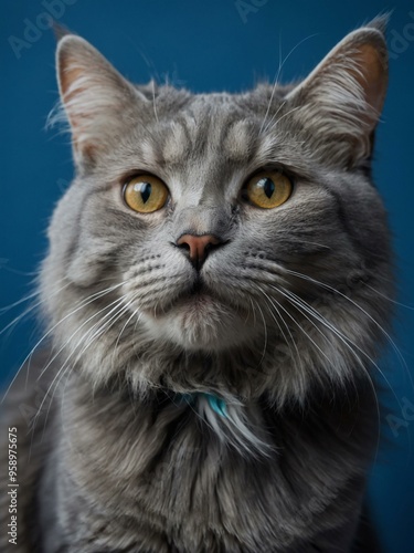 Playful portrait of a gray cat against a blue background, featuring space for text or design.