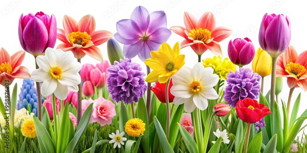 A Colorful Spring Bouquet with Tulips, Daffodils, and Hyacinths, Spring Flowers, Floral Arrangement, Colorful Blooms A Colorful Spring Bouquet with Tulips, Daffodils, and Hyacinths, Spring Flowers, Floral Arrangement, Colorful Blooms