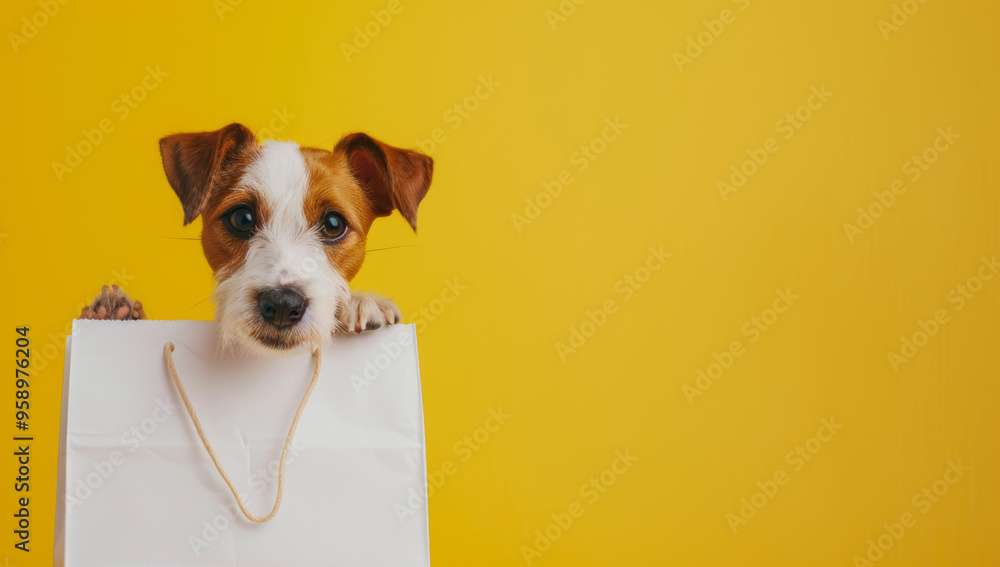 White paper bag with dog food on a yellow background, a puppy sitting next to it. Space for text. dog sitting next to clean white pet food package, isolated background White paper bag with dog food on a yellow background, a puppy sitting next to it. Space for text. dog sitting next to clean white pet food package, isolated background