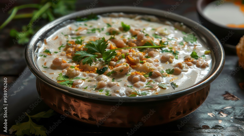Creamy white bean soup with parsley and orange zest, in a metal bowl, on a dark wooden background. Creamy white bean soup with parsley and orange zest, in a metal bowl, on a dark wooden background.