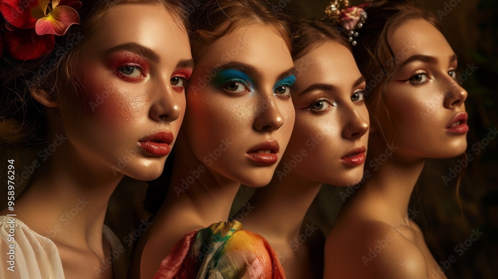 Fashion models with beautiful make up posing indoors. Neural network ai generated art Fashion models with beautiful make up posing indoors. Neural network ai generated art