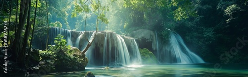 Landscape of beautiful deep forest waterfall.
 photo