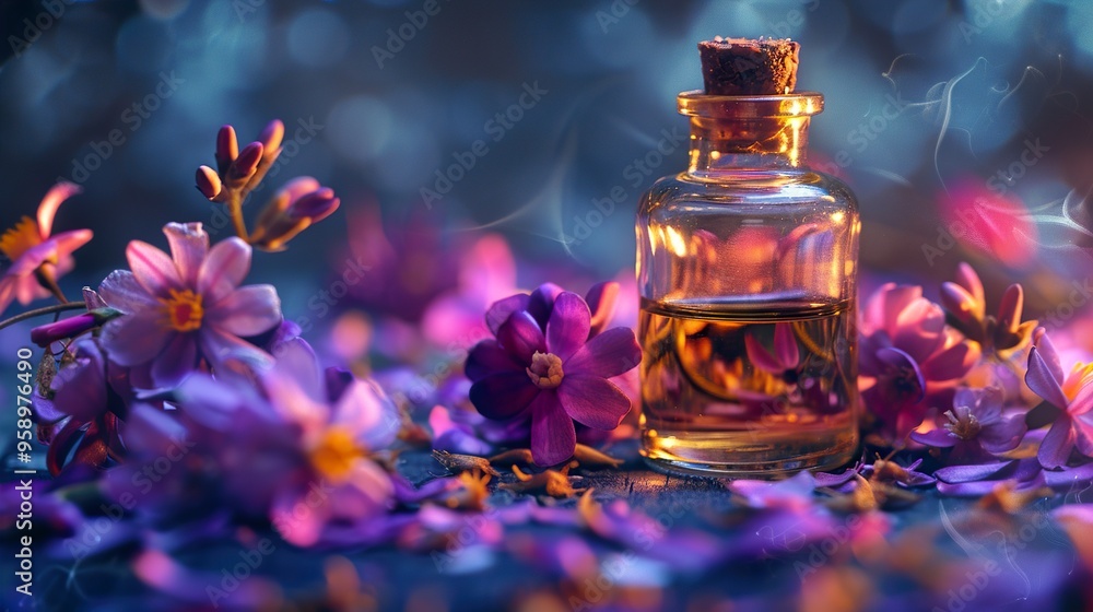 Purple Flowers and Essential Oil Bottle: A Tranquil Still Life Purple Flowers and Essential Oil Bottle: A Tranquil Still Life