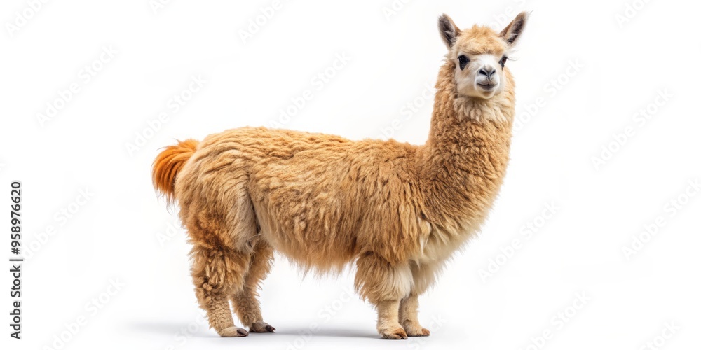Fototapeta premium A Fluffy Alpaca Standing on a White Background, Full Body Portrait, Isolated Animal, White Background, Alpaca, Alpaca Portrait, Photography