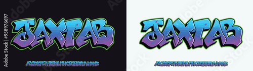 Graffiti font alphabet letters. Hip hop type graffiti design A, B, C, D, E, F, G, H, I, J, K, L, M, N, O, P, Q, R, S, T, U, V, W, X, Y, Z and Arab numerals 0, 1, 2, 3, 4, 5, 6, 7, 8, 9 Graffiti font. photo