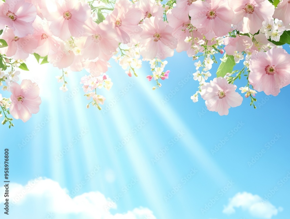 A beautiful image of delicate pink blossoms reaching up to a blue sky with sunbeams breaking through the clouds. A beautiful image of delicate pink blossoms reaching up to a blue sky with sunbeams breaking through the clouds.