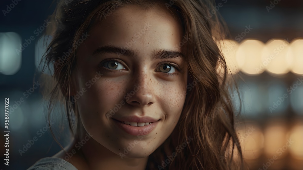 A young beautiful girl with natural smile stands in vibrant bokeh backdrop. A young beautiful girl with natural smile stands in vibrant bokeh backdrop.