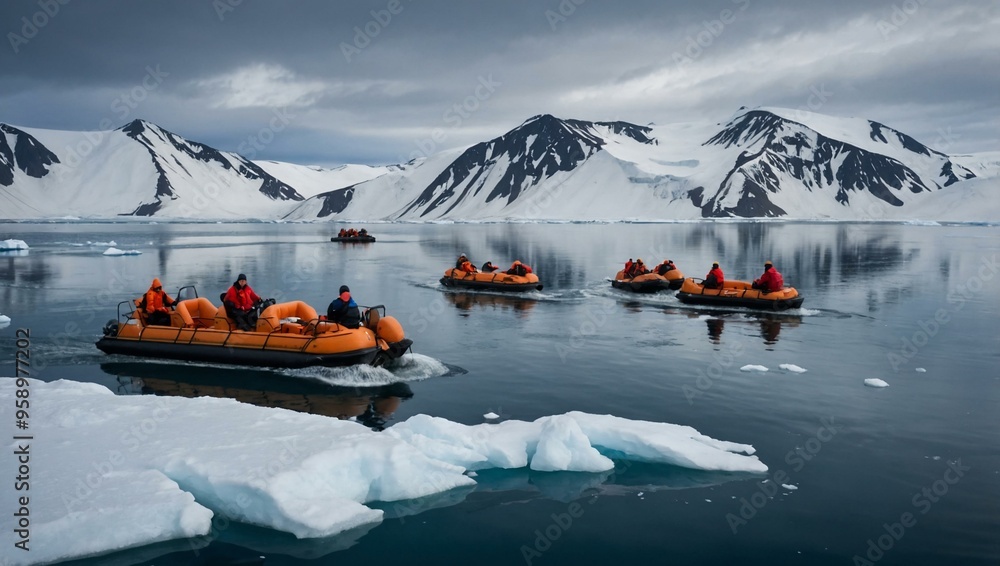Several pontoon boats navigating the Arctic Ocean towards a snow-covered mountain range in Svalbard, Norway. Several pontoon boats navigating the Arctic Ocean towards a snow-covered mountain range in Svalbard, Norway.