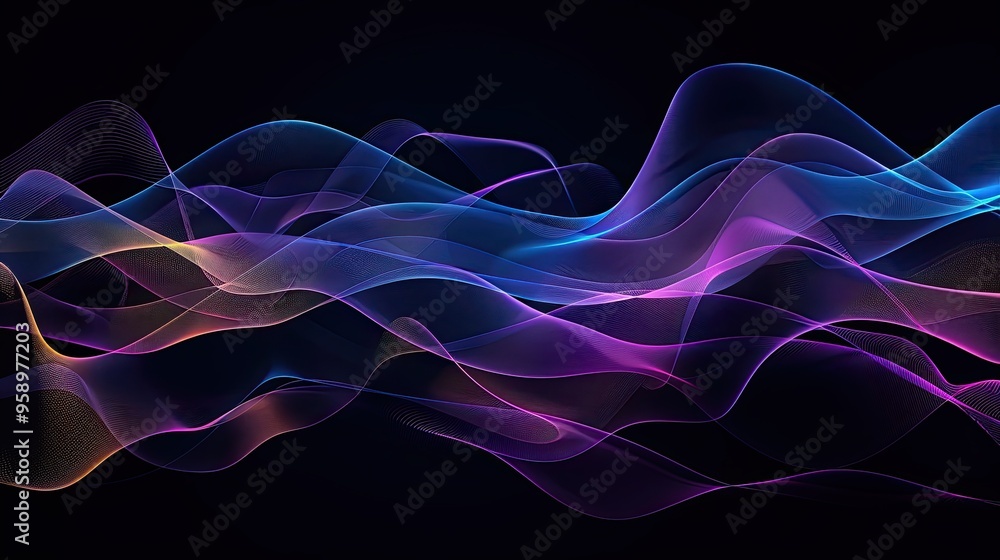 a black background with a few neon colors waves, geometric waves shapes, dark blue, purple, black, mostly black a black background with a few neon colors waves, geometric waves shapes, dark blue, purple, black, mostly black