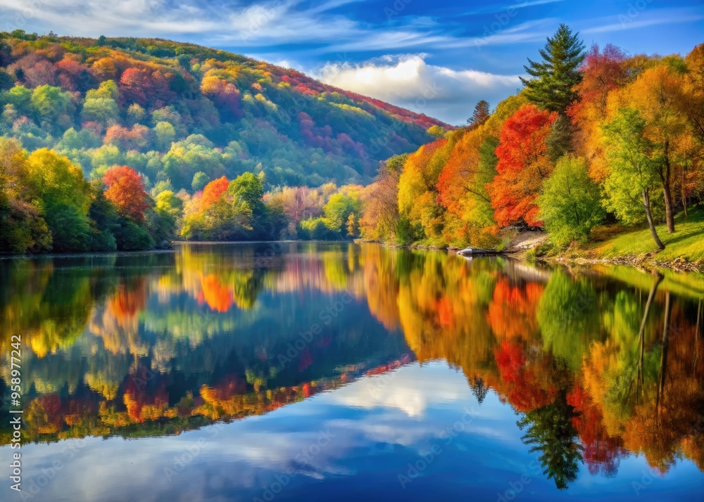 Serene autumn morning on the Delaware River near Narrowsburg, NY, with vibrant fall foliage reflected on the calm water's surface amidst rustic riverbank scenery. Serene autumn morning on the Delaware River near Narrowsburg, NY, with vibrant fall foliage reflected on the calm water's surface amidst rustic riverbank scenery.