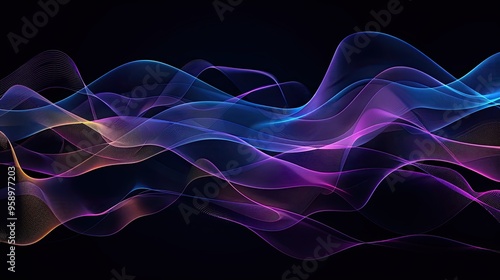 a black background with a few neon colors waves, geometric waves shapes, dark blue, purple, black, mostly black photo