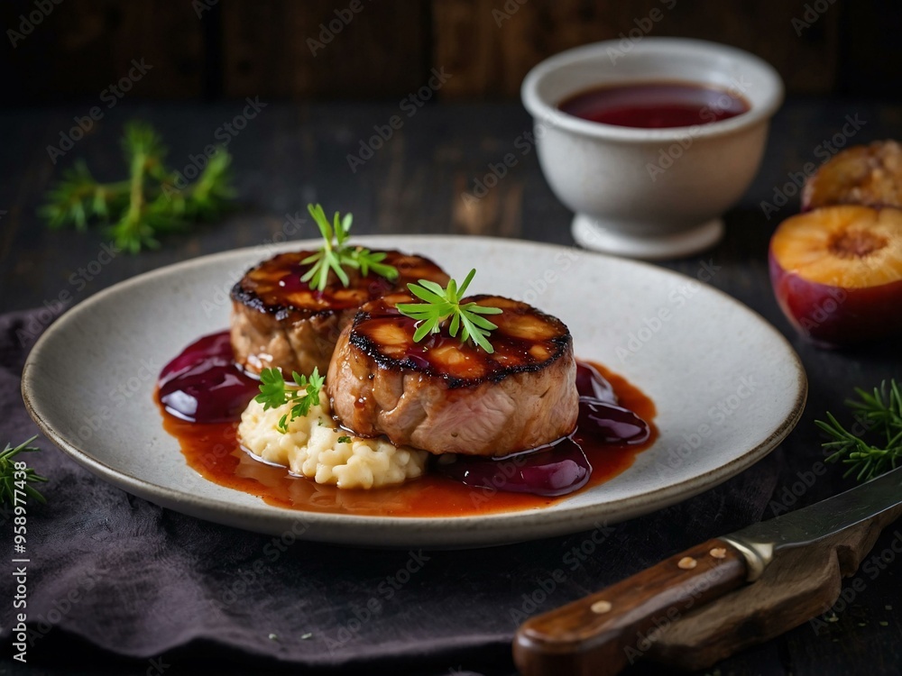 Slovenian pork medallions with plum sauce and baked dodole, representing traditional cuisine. Copy space included. Slovenian pork medallions with plum sauce and baked dodole, representing traditional cuisine. Copy space included.