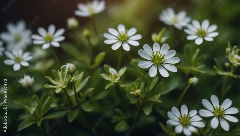 Small White Chickweed Flowers with Space for Text Small White Chickweed Flowers with Space for Text