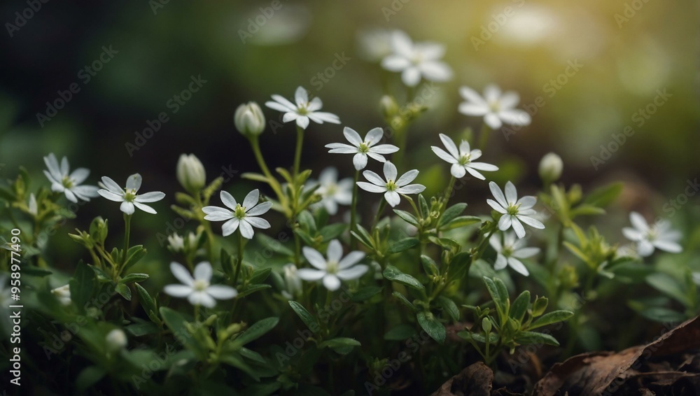 Small White Chickweed Flowers with Space for Text Small White Chickweed Flowers with Space for Text