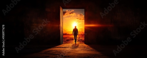 A silhouette of a person walking through an open door at sunset, symbolizing hope, freedom, and new beginnings.