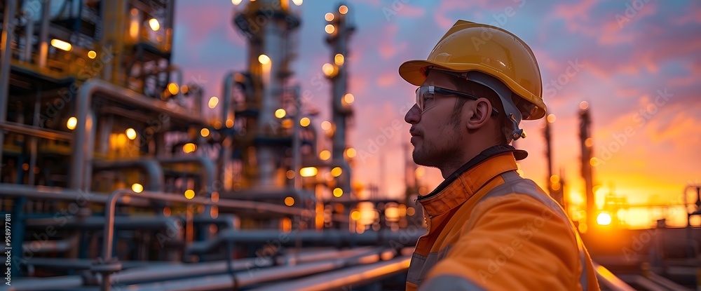 Industrial worker in safety gear standing in front of a refinery at sunset. Industrial worker in safety gear standing in front of a refinery at sunset.